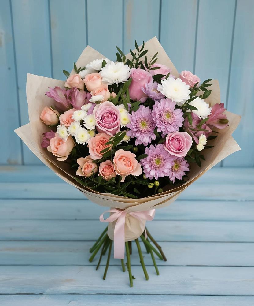Букет цветов из: Хризантемы, Розы и Альстромерии в Коломыцево