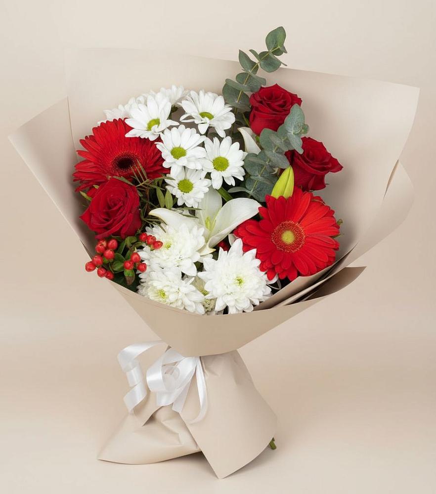 Букет цветов из: Розы, Хризантемы, Герберы и Лилии в Коломыцево