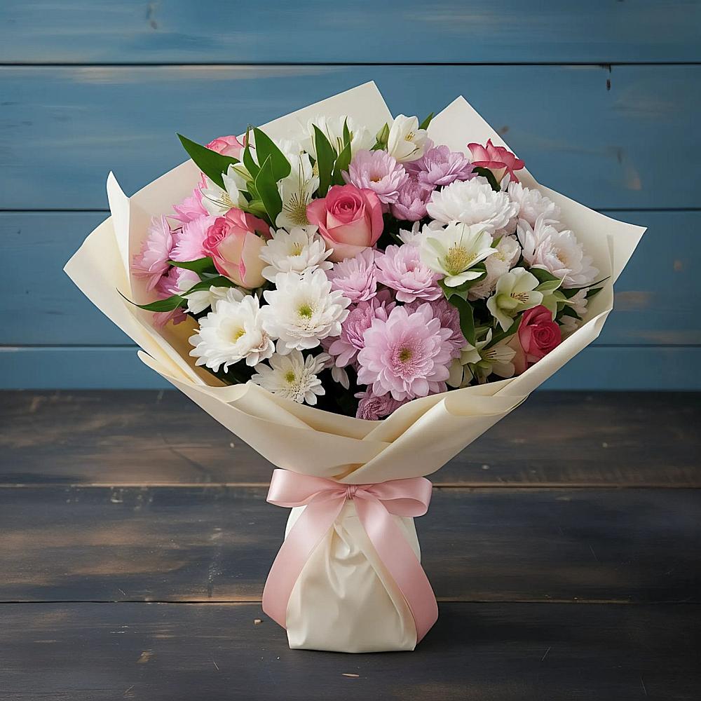 Букет цветов из: Хризантемы, Альстромерии и Розы в Коломыцево